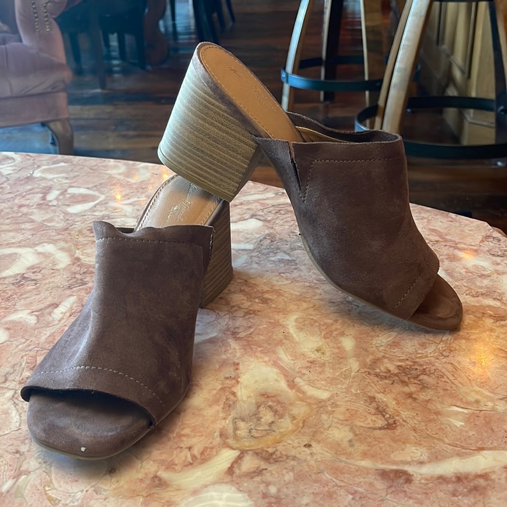 Taupe Suede Open Toe Mule Heels